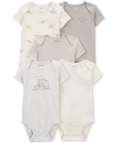 Carter's Baby Short-sleeve Elephants Bodysuits, Pack Of 5 In Ivory,grey