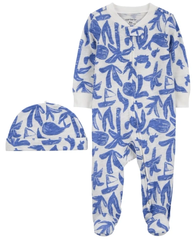 Carter's Baby Whale Cotton Sleep And Play And Cap Set In Blue