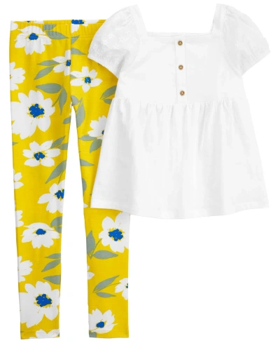 Carter's Kids' Big 2 Piece Eyelet Top And Floral Legging Set In Yellow