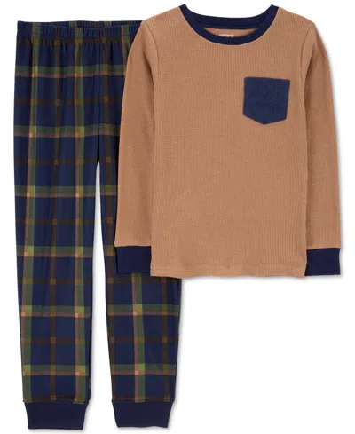 Carter's Kids' Big & Little Boy 2-piece Plaid Fleece Pajama Set In Brown,navy