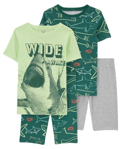 Carter's Kids' Little Boys Shark Print Pajama Set, 4 Piece Set In Green