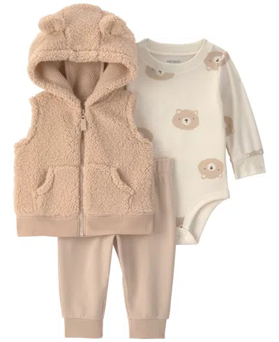 Carter's Babies' Boys' Bear Teddy Fleece Layering Long-sleeve Bodysuit, Vest And Pants, 3-piece Set In Nude