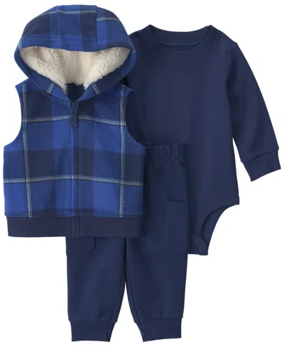 Carter's Babies' Boys' Buffalo Check Layering Long-sleeve Bodysuit, Vest And Pants, 3-piece Set In Blue
