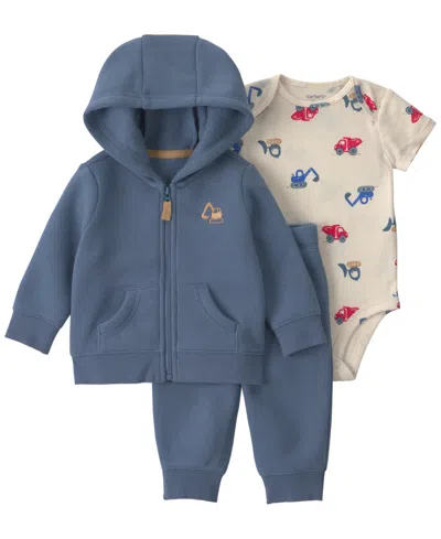 Carter's Babies' Boys' Construction Fleece Layering Short-sleeve Bodysuit, Jacket And Pants, 3-piece Set In Blue