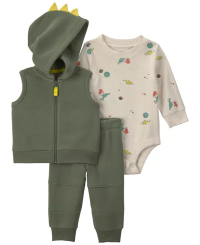 Carter's Babies' Boys' Dinosaur Fleece Layering Long-sleeve Bodysuit, Vest And Pants, 3-piece Set In Green
