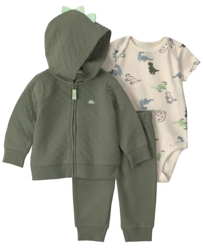 Carter's Babies' Boys' Dinosaur Quilted French Terry Layering Long-sleeve Jacket, Bodysuit And Pants, 3-piece Set In Green
