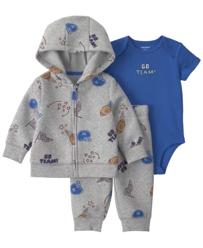 Carter's Babies' Boys' Go Team Football Fleece Layering Short-sleeve Bodysuit, Jacket And Pants, 3-piece Set In Gray,blue