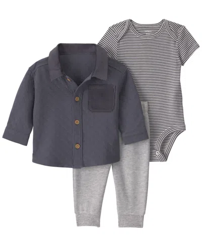 Carter's Babies' Boys' Quilted French Terry Layering Short-sleeve Bodysuit, Shirt And Pants, 3-piece Set In Gray