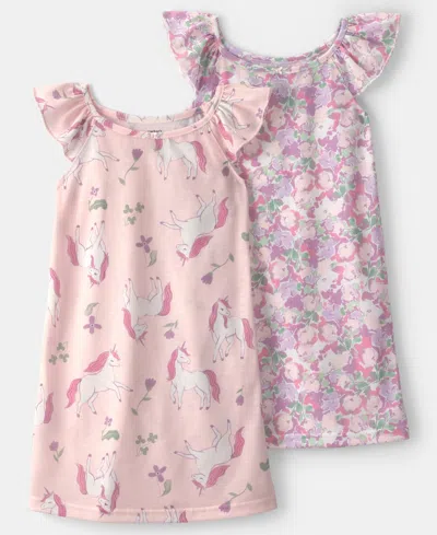 Carter's Babies' Girls' 2-5 Unicorn Floral Print Loose-fit Night Gowns, 2-piece Set In Pink