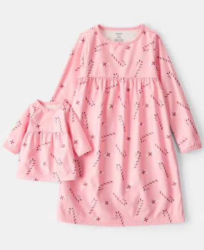 Carter's Kids' Girls 2t-14 2-piece Candy Cane Print Long-sleeve Night Gown Set In Pink