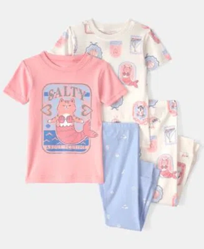 Carter's Carters Girls Baby Toddler Mermaid Cat Print Top Pajama Pants 4 Piece Set In Pink