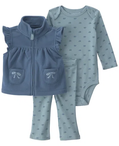 Carter's Babies' Girls' Bows Fleece Layering Long-sleeve Bodysuit, Vest And Pants, 3-piece Set In Blue