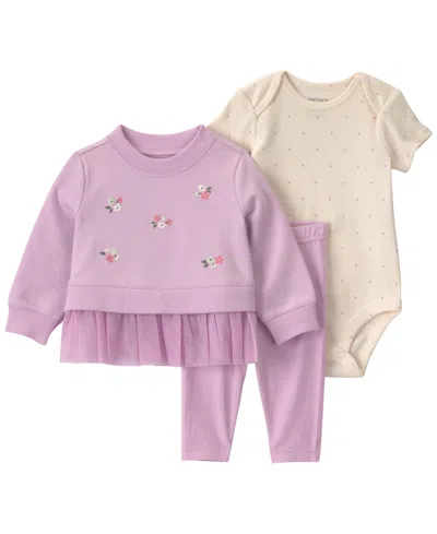 Carter's Babies' Girls' Floral French Terry Layering Long-sleeve Bodysuit, Sweatshirt And Pants, 3-piece Set In Purple