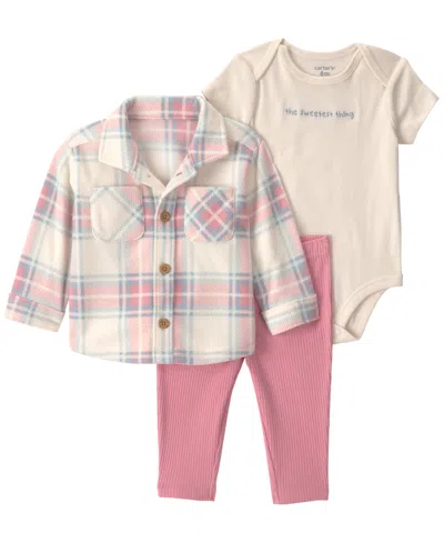 Carter's Babies' Girls' Plaid Fleece Layering Short-sleeve Bodysuit, Shacket And Pants, 3-piece Set In Multi