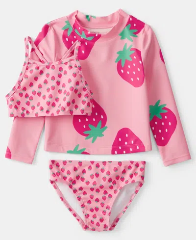 Carter's Babies' Girls' Toddler 2t-5t Strawberry Rashguard, Swim Top & Swim Bottoms, 3-piece Set In Pink