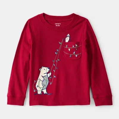 Carter's Babies' Holiday Toddler Boys Round Neck Long Sleeve Regular Fit Graphic T-shirt In Red