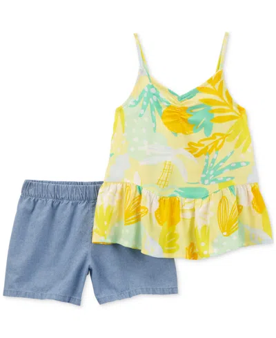 Carter's Kids' Little & Big Girls Floral-print Tank Top & Chambray Shorts, 2 Piece Set In Yellow Multi