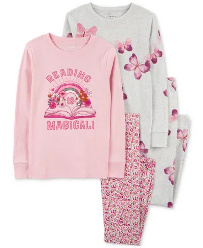 Carter's Kids' Little & Big Girls Reading 100% Snug Fit Cotton Pajamas, 4 Piece Set In Pink