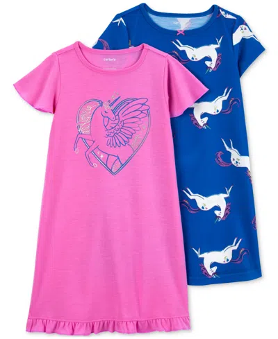 Carter's Kids' Little & Big Girls Unicorn Nightgowns, Pack Of 2 In Pink,blue