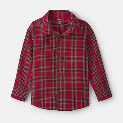 Carter's Little & Big Kid Boys Long Sleeve Cuffed Regular Fit Button-down Shirt In Red
