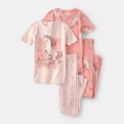 Carter's Little & Big Kid Girls Crew Neck Short Sleeve 4-pc. Pajama Set In Pink