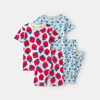 Carter's Little & Big Kid Girls Rib Crew Neck Short Sleeve 4-pc. Pajama Set In Blue