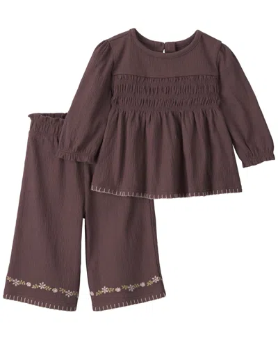 Carter's Little Planet By  Baby Girls' Long-sleeve Smocked Top And Wide-leg Pant, 2-piece Set In Brown