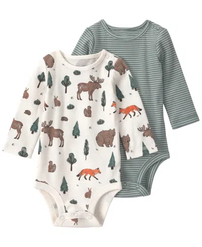 Carter's Little Planet By  Baby Neutral 2-pack Organic Cotton Bodysuits In Woodland Creatures,green Stripes