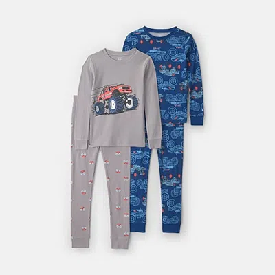 Carter's Monster Trucks Little & Big Kid Boys Crew Neck Long Sleeve 4-pc. Pajama Set In Blue
