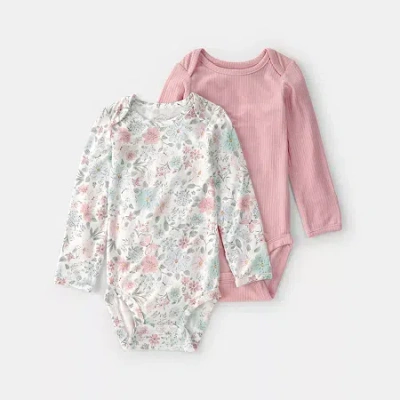 Carter's Purelysoft Baby Girls Round Neck Long Sleeve 2-pc. Bodysuit In Pink