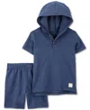 Carter's Baby Boys Cotton Hooded Henley & Shorts, 2 Piece Set In Blue