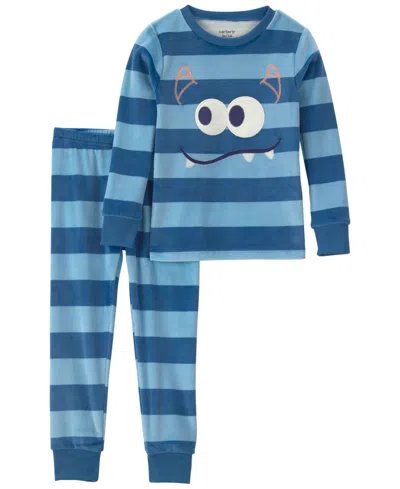 Carter's Babies' Toddler Boys' 2t-5t Dreamplush Snug-fit Monster-striped Top And Pants, 2-piece Pajama Set In Blue