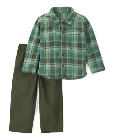 Carter's Babies' Toddler Boys' 2t-5t Long-sleeve Plaid Fleece Shacket And Canvas Pants, 2-piece Set In Green