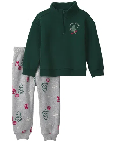 Carter's Babies' Toddler Boys' 2t-5t Long-sleeve Quarter-zip Holiday Top And Pants Set In Green,gray,red