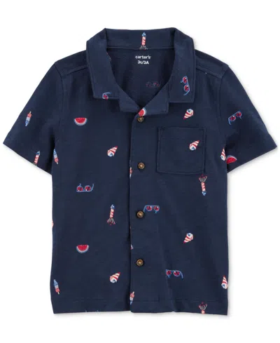 Carter's Babies' Toddler Boys 4th Of July Icons Cotton Button-down Shirt In Blue