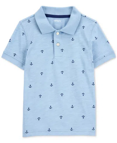Carter's Babies' Toddler Boys Anchor-pattern Jersey Polo Shirt In Med Blue