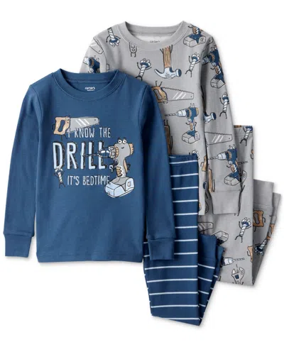 Carter's Babies' Toddler Boys Construction-print 100% Cotton Long-sleeve Snug-fit 4-piece Pajamas In Multi