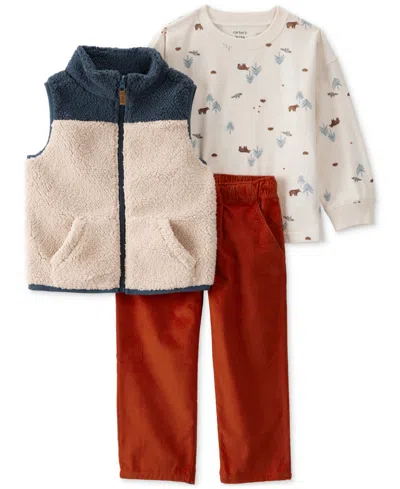 Carter's Babies' Toddler Boys Faux-sherpa Vest, Printed T-shirt & Corduroy Pants, 3 Piece Set In White