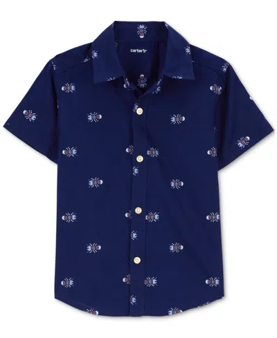 Carter's Babies' Toddler Boys Insect-print Button-down Shirt In Navy