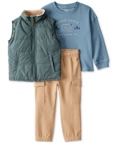 Carter's Babies' Toddler Boys Puffer Vest, Going North Graphic T-shirt & Cargo Pants, 3 Piece Set In Blue