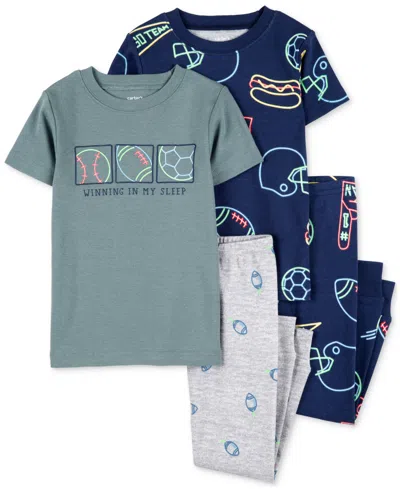 Carter's Babies' Toddler Boys Sports Cotton Pajamas, 4-piece Set In Green,blue