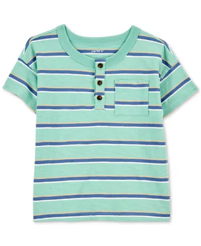 Carter's Kids' Toddler Boys Striped Cotton Short-sleeve Henley T-shirt In Green
