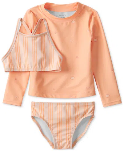 Carter's Babies' Toddler Girls' 2t-5t Striped Rashguard Swimsuit, 3-piece Set In Orange