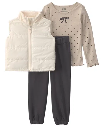 Carter's Babies' Toddler Girls' 2t-5t Bow Polka Dots Fleece Long-sleeve Layering Top, Vest And Joggers, 3-piece Set In Multi