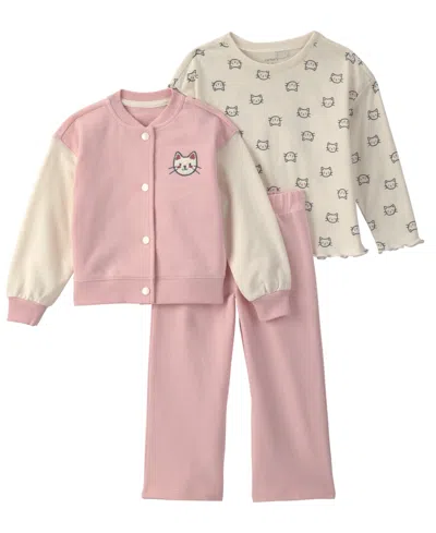 Carter's Babies' Toddler Girls' 2t-5t Cat French Terry Long-sleeve Layering Top, Jacket And Pants, 3-piece Set In Pink
