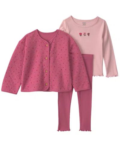 Carter's Babies' Toddler Girls' 2t-5t Floral Long-sleeve Layering Top, Jacket And Leggings, 3-piece Set In Pink