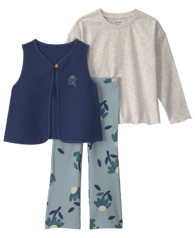 Carter's Babies' Toddler Girls' 2t-5t Floral Long-sleeve Layering Top, Vest And Leggings, 3-piece Set In Blue