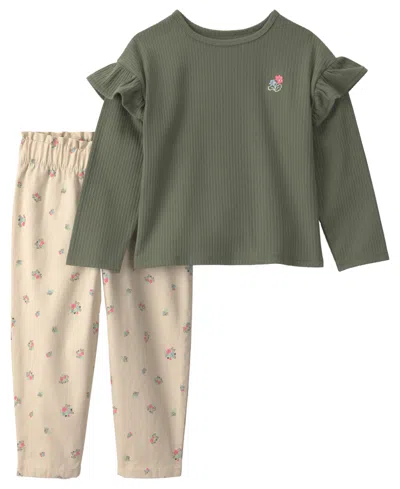 Carter's Babies' Toddler Girls' 2t-5t Floral Twill Long-sleeve Top And Pants, 2-piece Set In Multi
