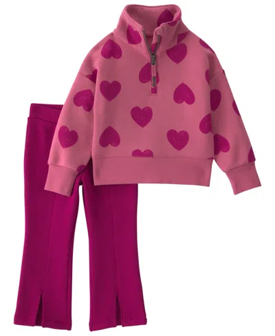 Carter's Babies' Toddler Girls' 2t-5t Heart Fleece Quarter-zip Sweatshirt And Pants, 2-piece Set In Red