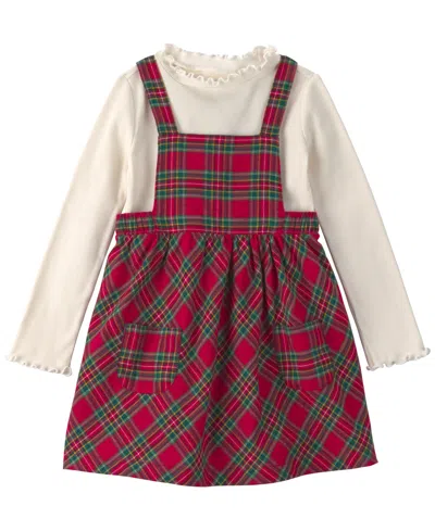 Carter's Babies' Toddler Girls' 2t-5t Long-sleeve Top And Plaid Pinafore Dress, 2-piece Set In Red,cream